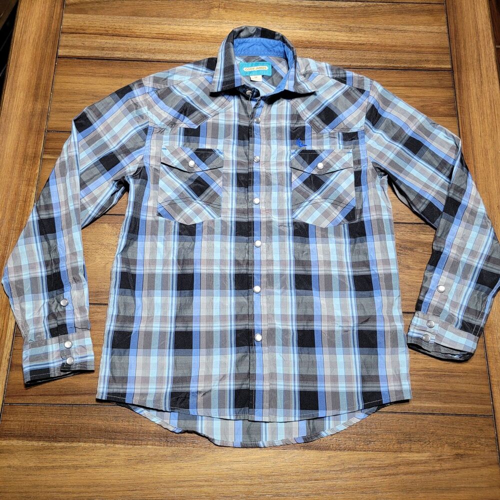 Cody James Pearl Snap LS Boys Western Shirt Blue Plaid - Size Medium